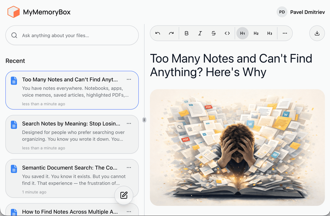 MyMemoryBox app: search bar and recent notes
